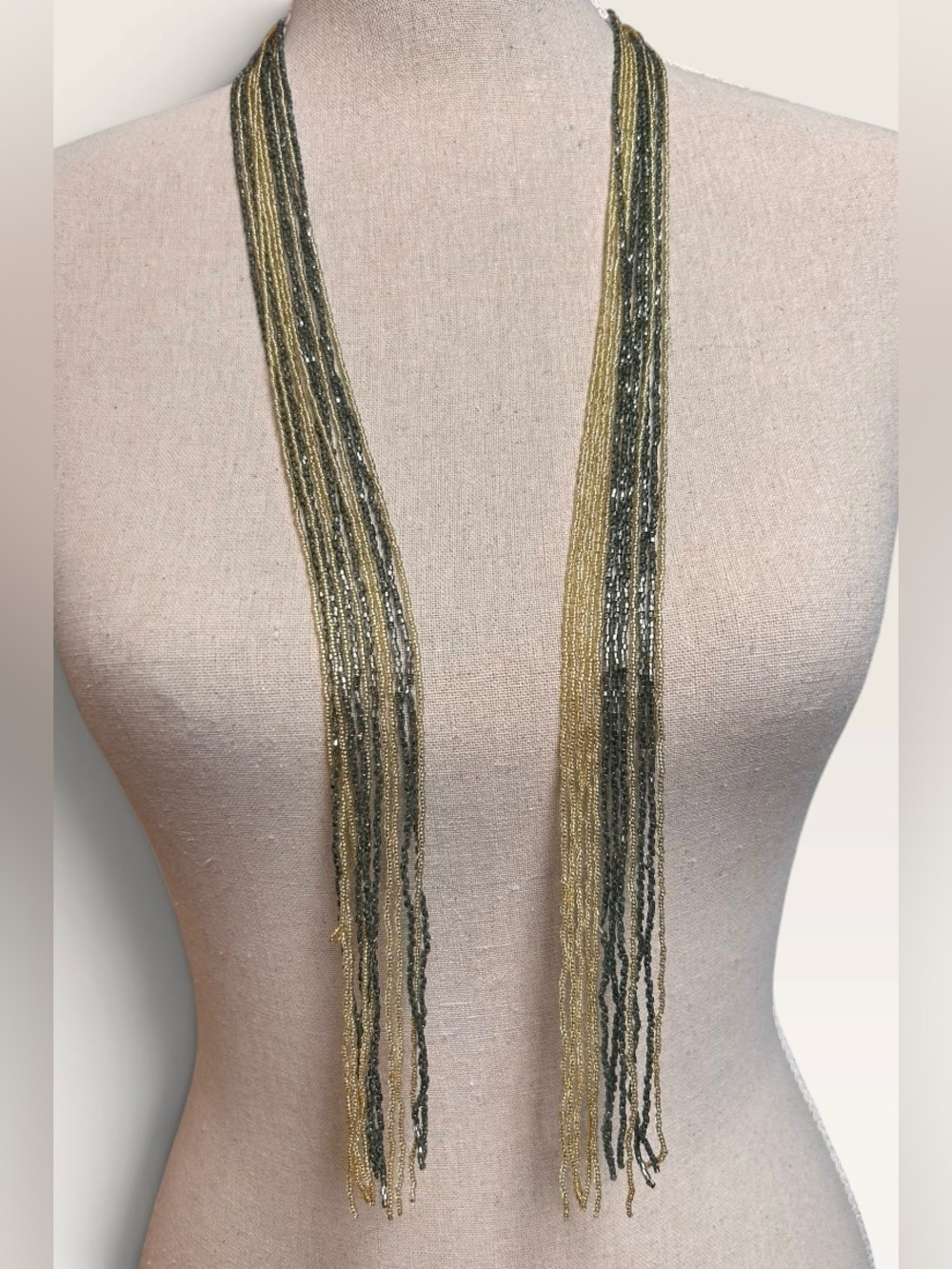 Vintage Multi-Strand Seed Bead Lariat Scarf Necklace Gold Black Gunmetal Boho